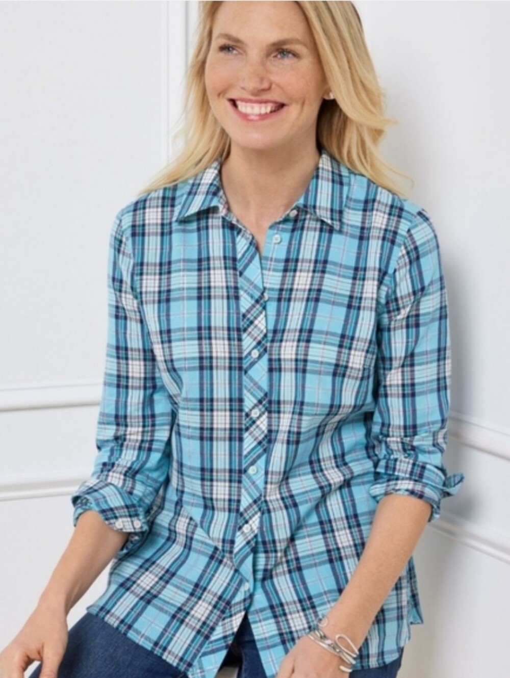 Talbots Turquoise Shimmer Plaid Button Down Shirt Petite SP NWT